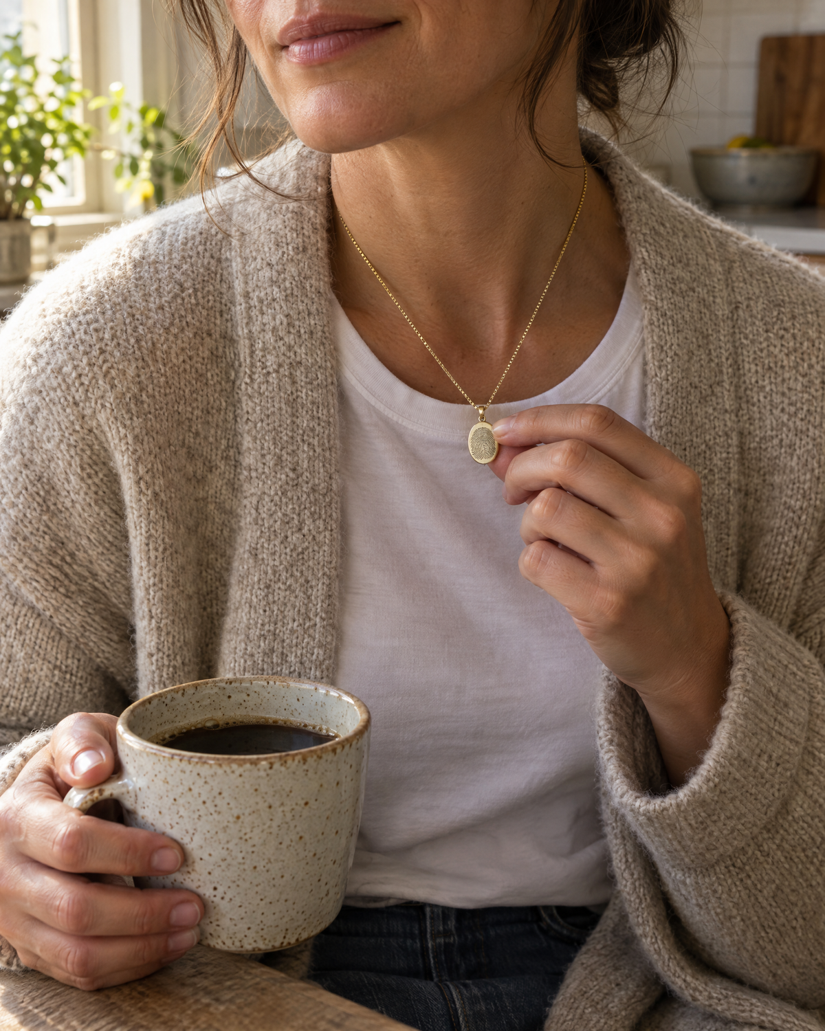 Woman holding her fingerprint pendant while drinking morning coffee