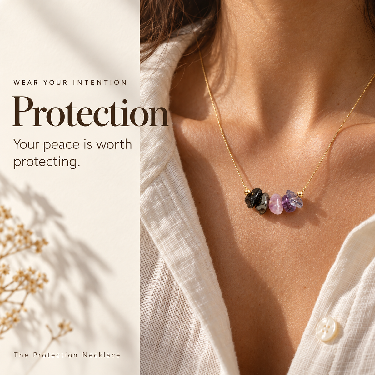 Protect Your Peace Necklace worn with a white blouse